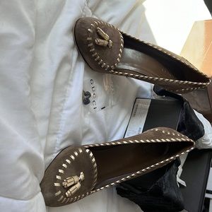 Gucci green suede with gold stitching only worn in house